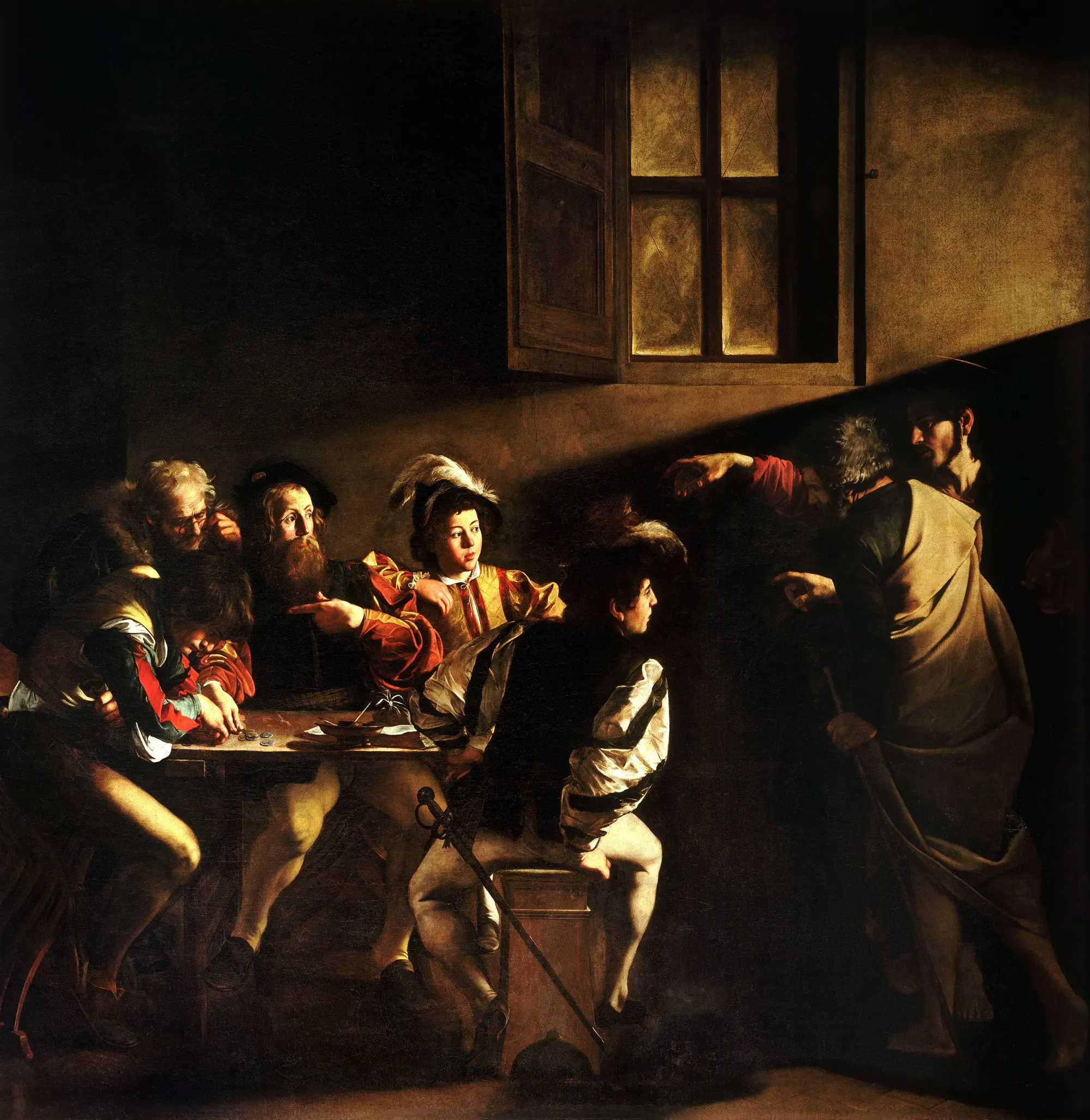 Caravaggio’s The Calling of Saint Matthew: a shaft of light crosses a dark room as Christ points toward Matthew, seated with others at a counting table.